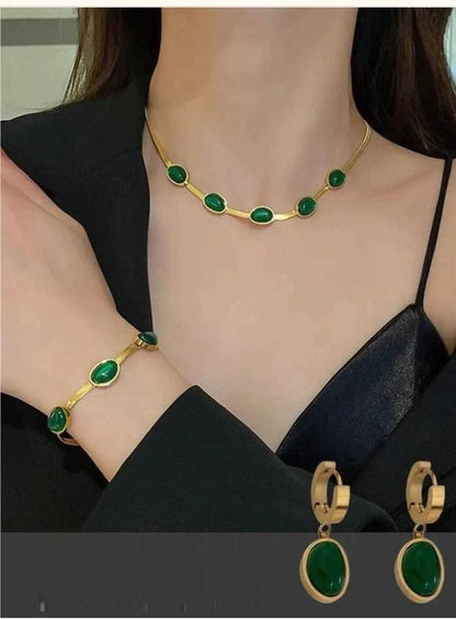 💚 Oval Green Crystal Pendant Necklace Set with Bracelet – Gold Plated Stainless Steel Jewelry for Women (Pack of 1)
