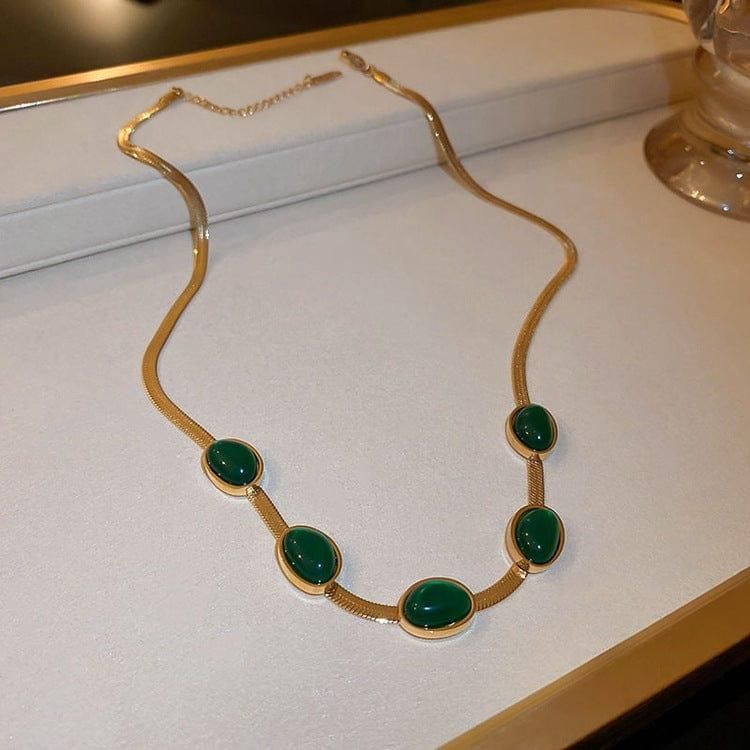 💚 Oval Green Crystal Pendant Necklace Set with Bracelet – Gold Plated Stainless Steel Jewelry for Women (Pack of 1)