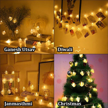 Collage of string lights in different settings for Ganesh Utsav, Diwali, Janmasthmi, and Christmas.